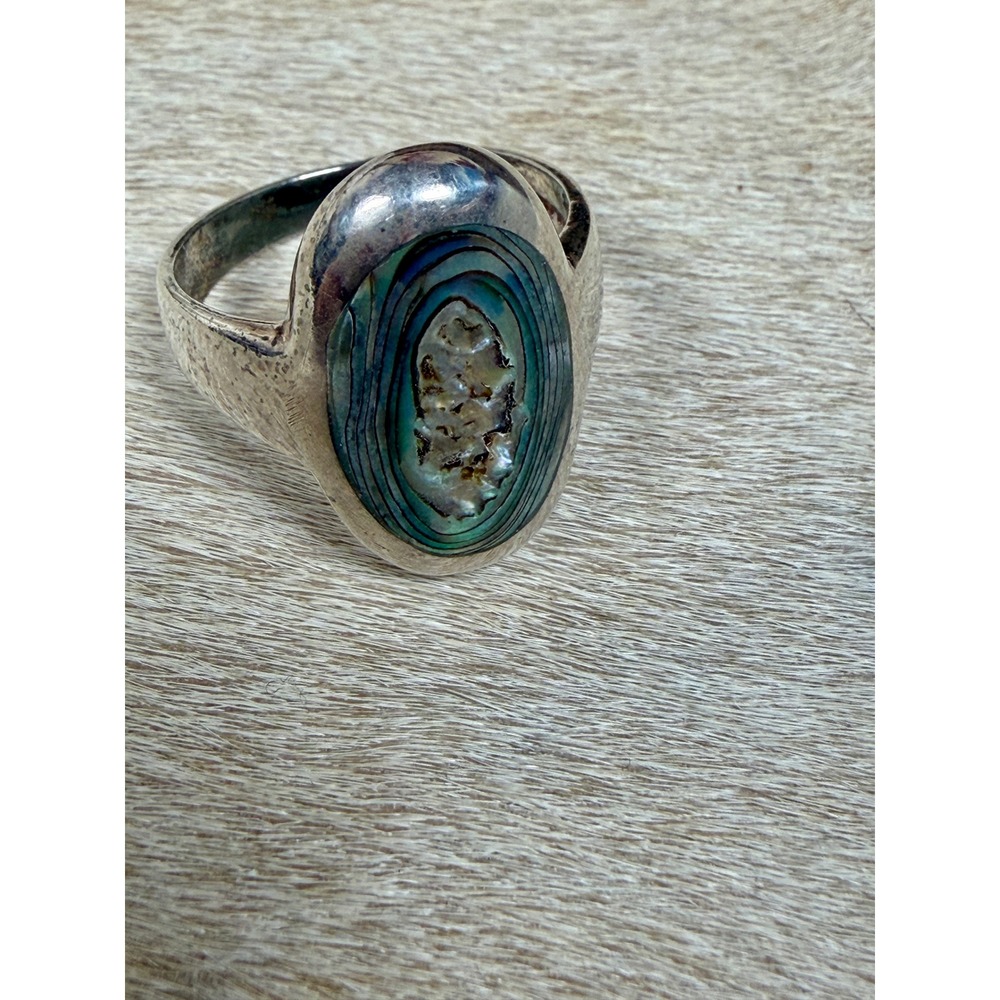 Vintage 925 Sterling Silver Abalone Shell Oval Inlay Ring Thailand Boho SZ 8 1/2